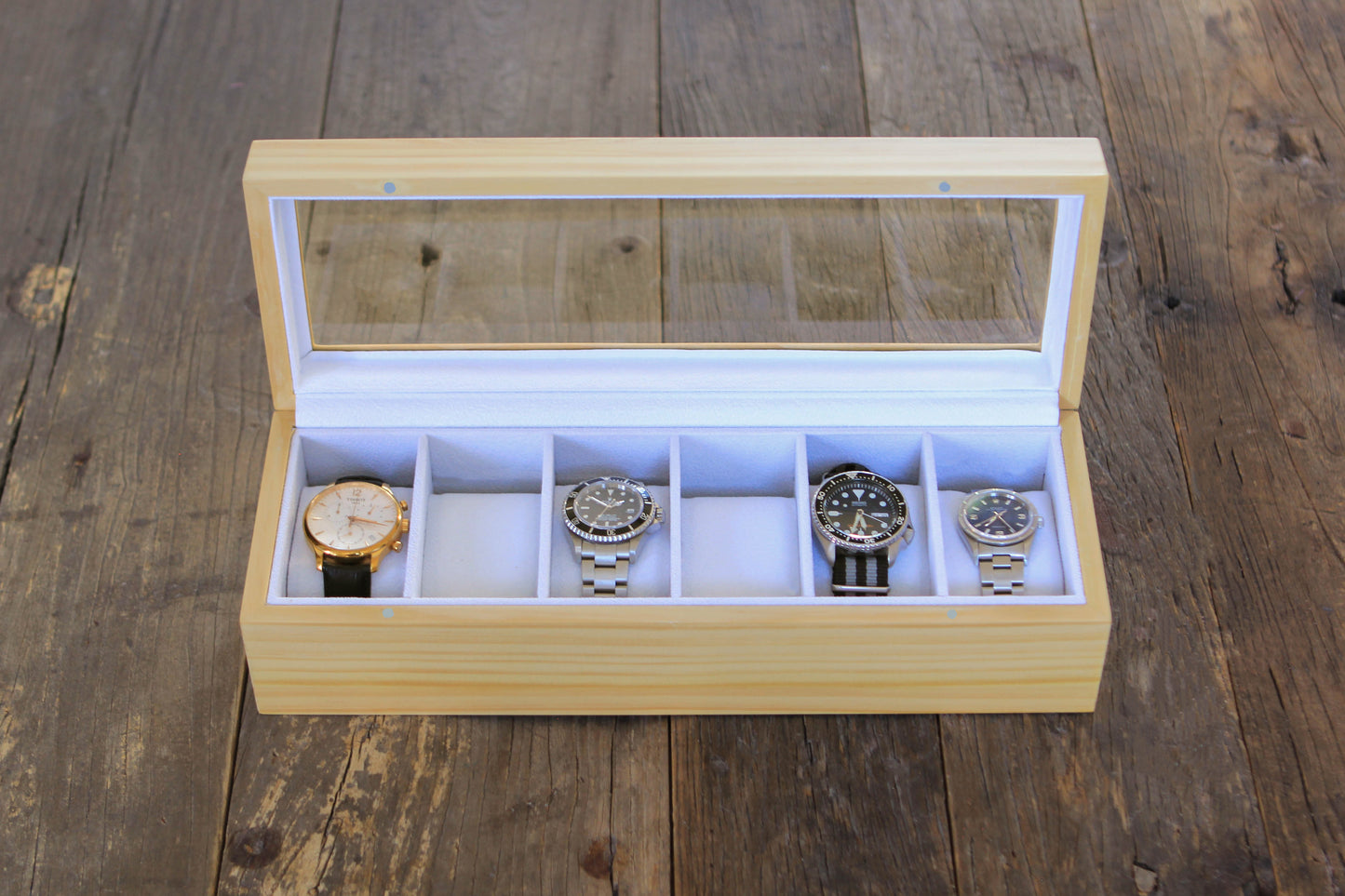 Uhrenbox aus Kiefernholz - 6 Steckplätze