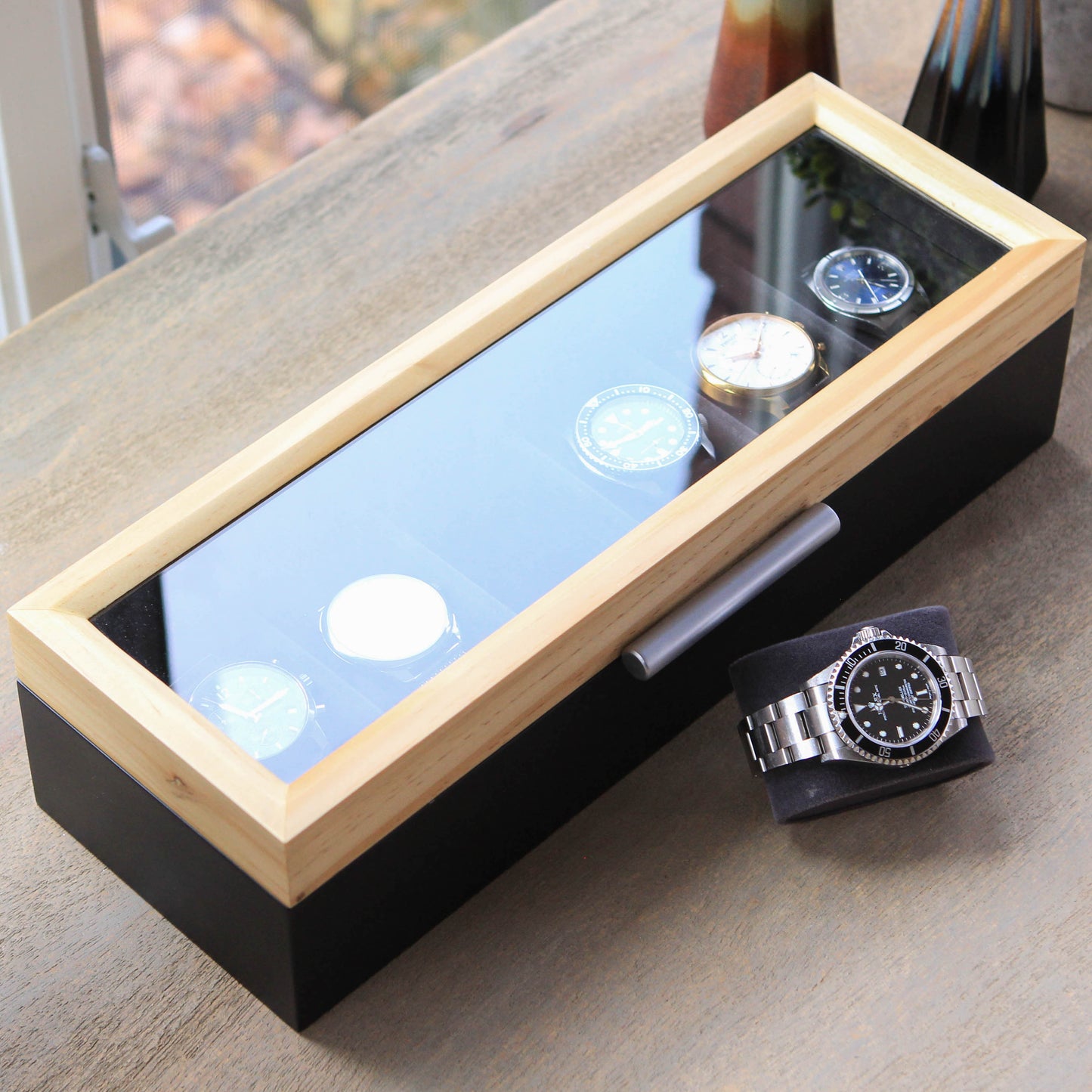 Caja de relojes de pino de dos tonos - 6 ranuras