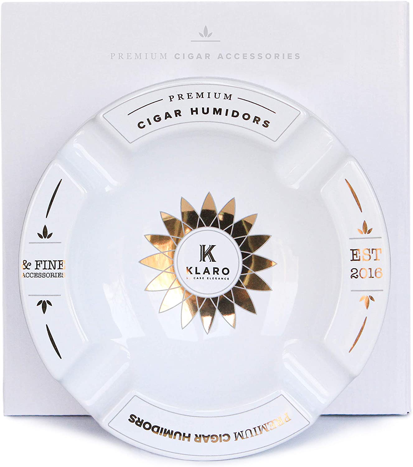 Cenicero redondo grande de cerámica con incrustaciones blancas y doradas Klaro para cuatro puros