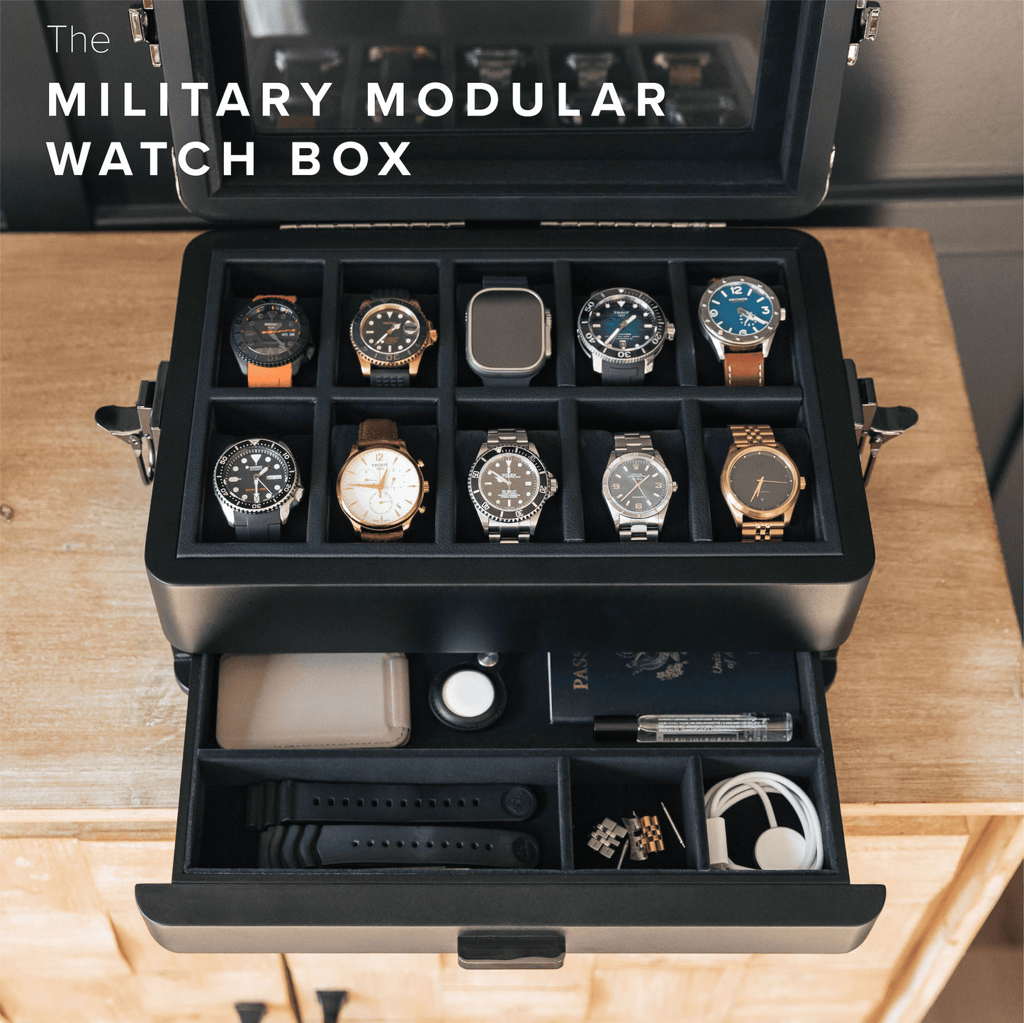 Caja de reloj modular militar Black Edition - 10 ranuras