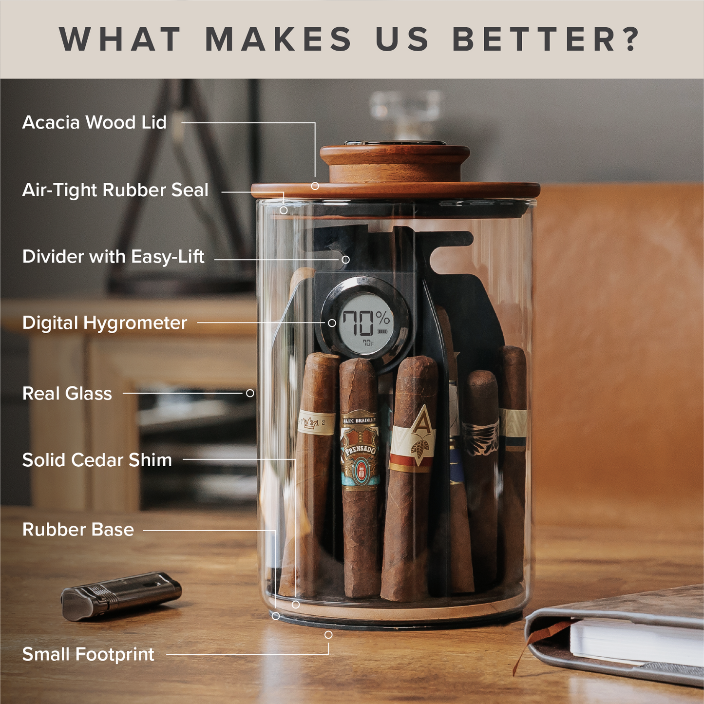 Humidor Cylindor - Tarro de Vidrio y Tapa de Madera de Acacia