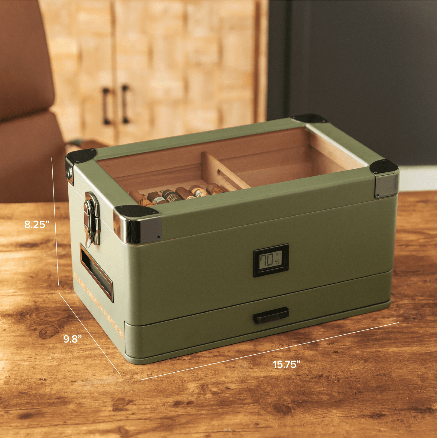 Humidor militar con tapa de vidrio