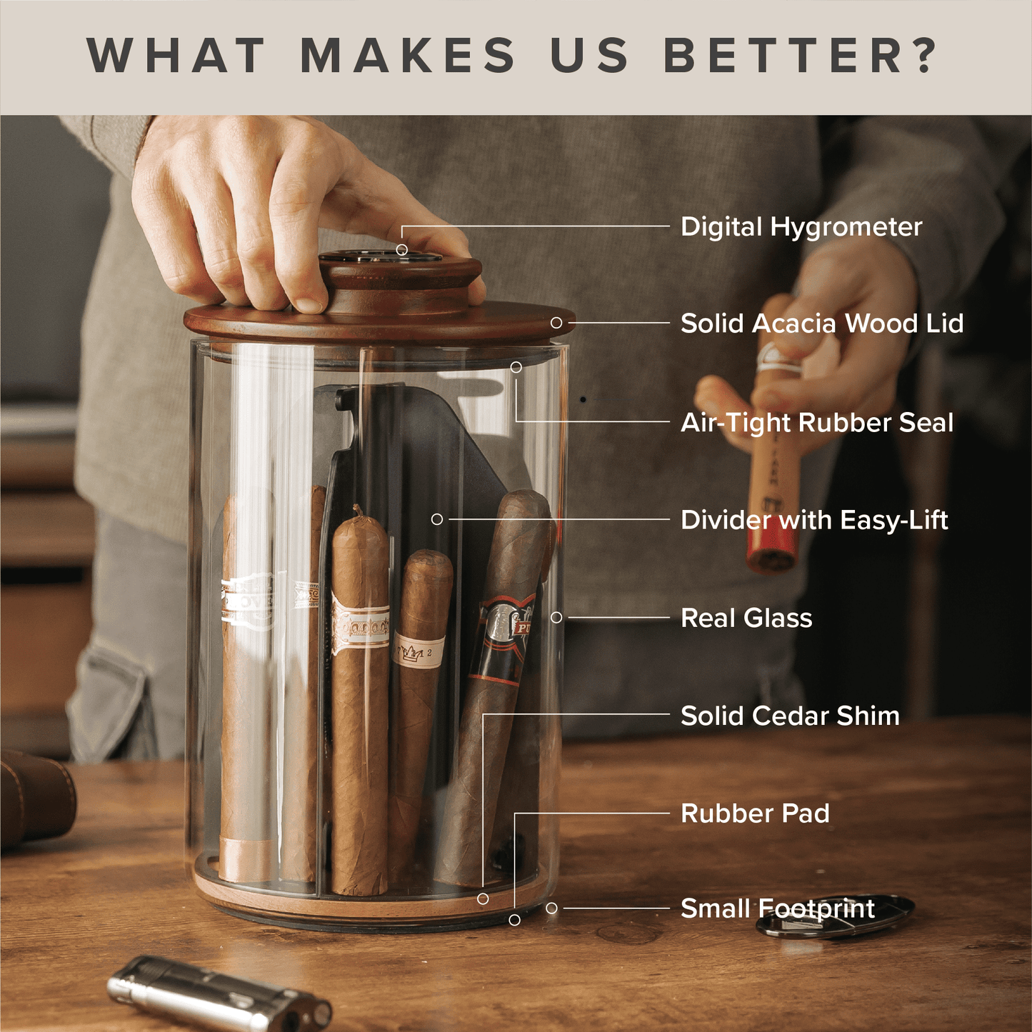 Cylindor Humidor - Glass Jar & Acacia Wood Lid
