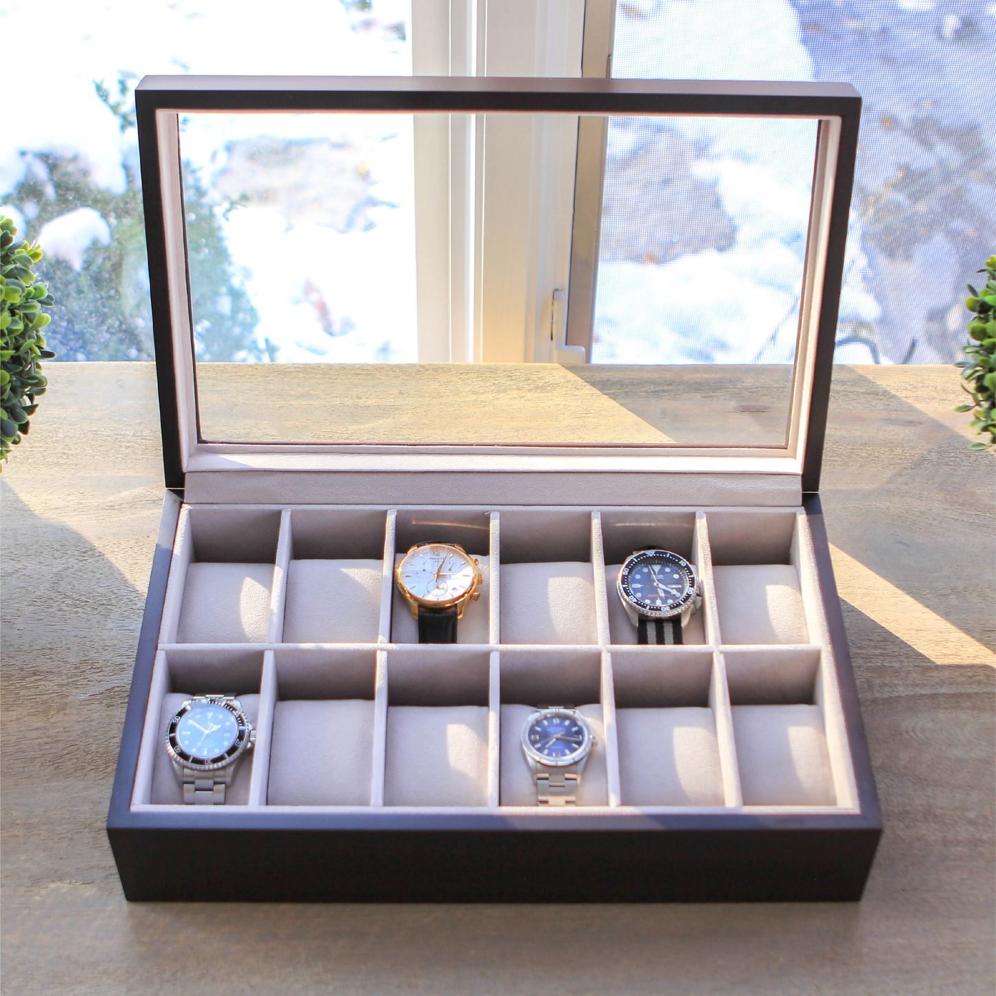 Caja para relojes de madera maciza - 12 ranuras
