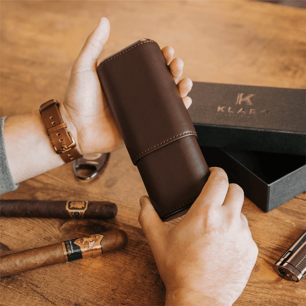 Klaro Travel Leather Cigar Case, 5 Cigar Storage, 2 Accessory Pockets - Brown by Case Elegance