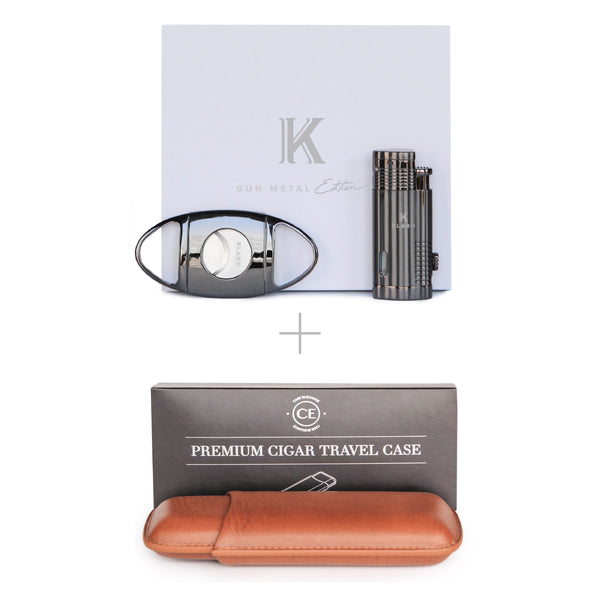 Premium Gunmetal Accessory Bundle - Cigar Cutter, Torch Lighter, Trave – Elegance