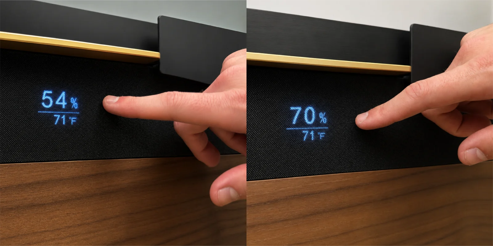 Pressing and holding the front-fabric touch point on the Signature — the reading snaps from 54% up to 70%
