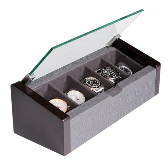 Caja de cristal angular premium para relojes - 5 ranuras espresso y espiga