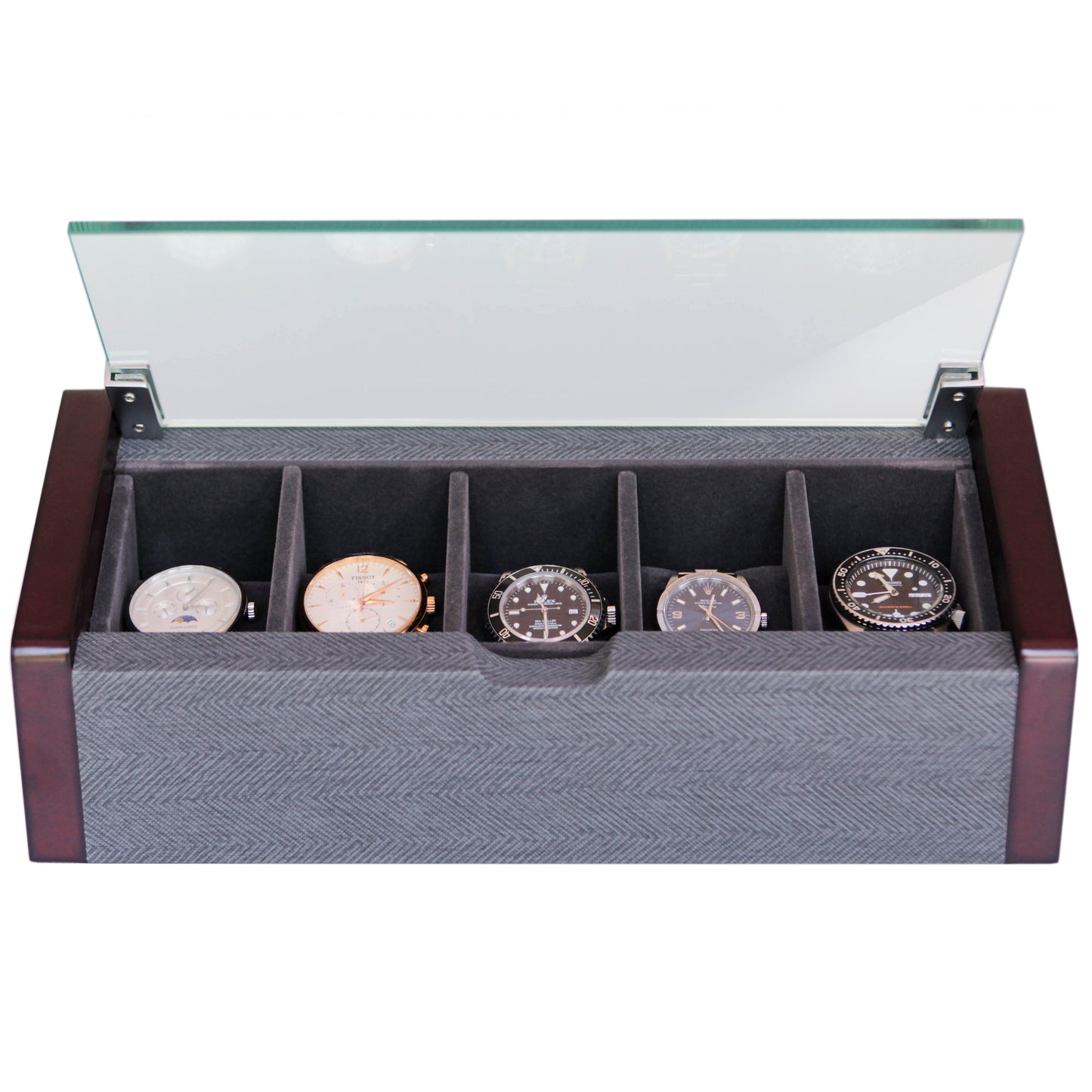 Écrin à montres en verre incliné Premium - 5 fentes cerise et chevrons