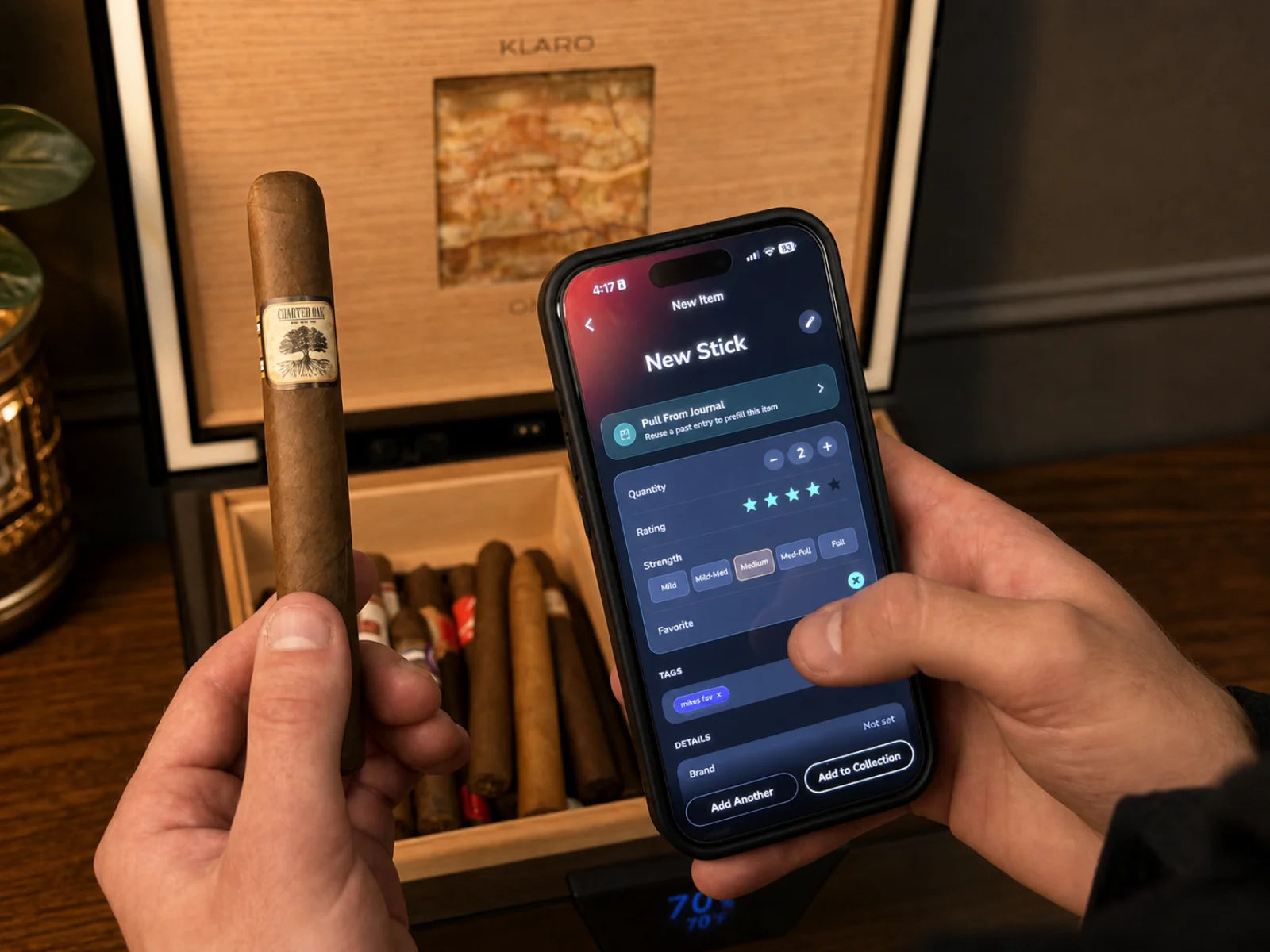 Monitoring live humidity and temperature across Klaro humidors in the Klaro app