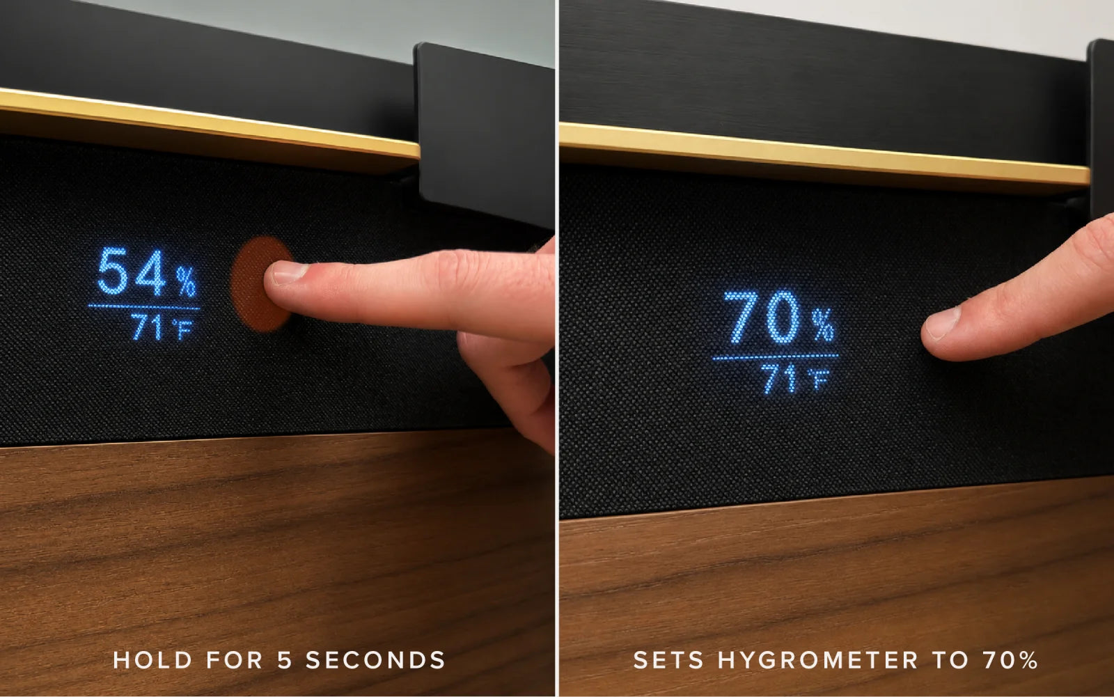 Pressing and holding the front-fabric touch point on the Signature — the reading snaps from 54% up to 70%