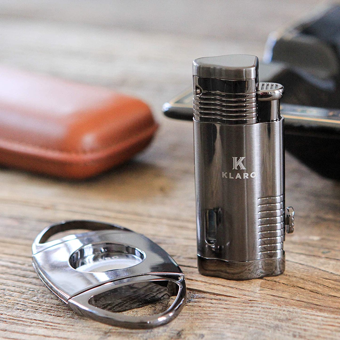 Cigar Accessory Kit Polished Gunmetal Finish Cutter & Torch Lighter – Case  Elegance