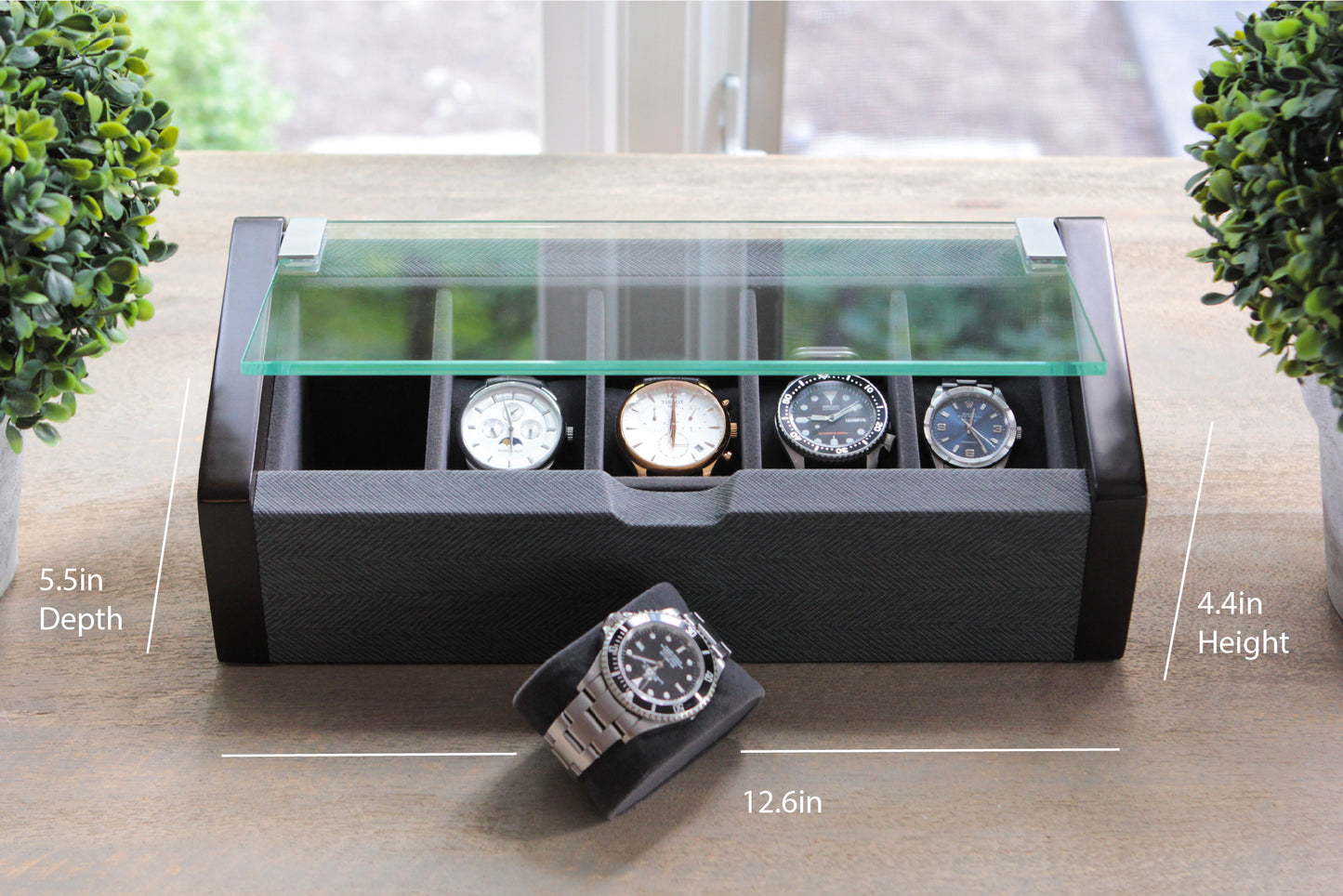Premium Angled Glass Watch Box - 5 Slot Espresso e Herringbone