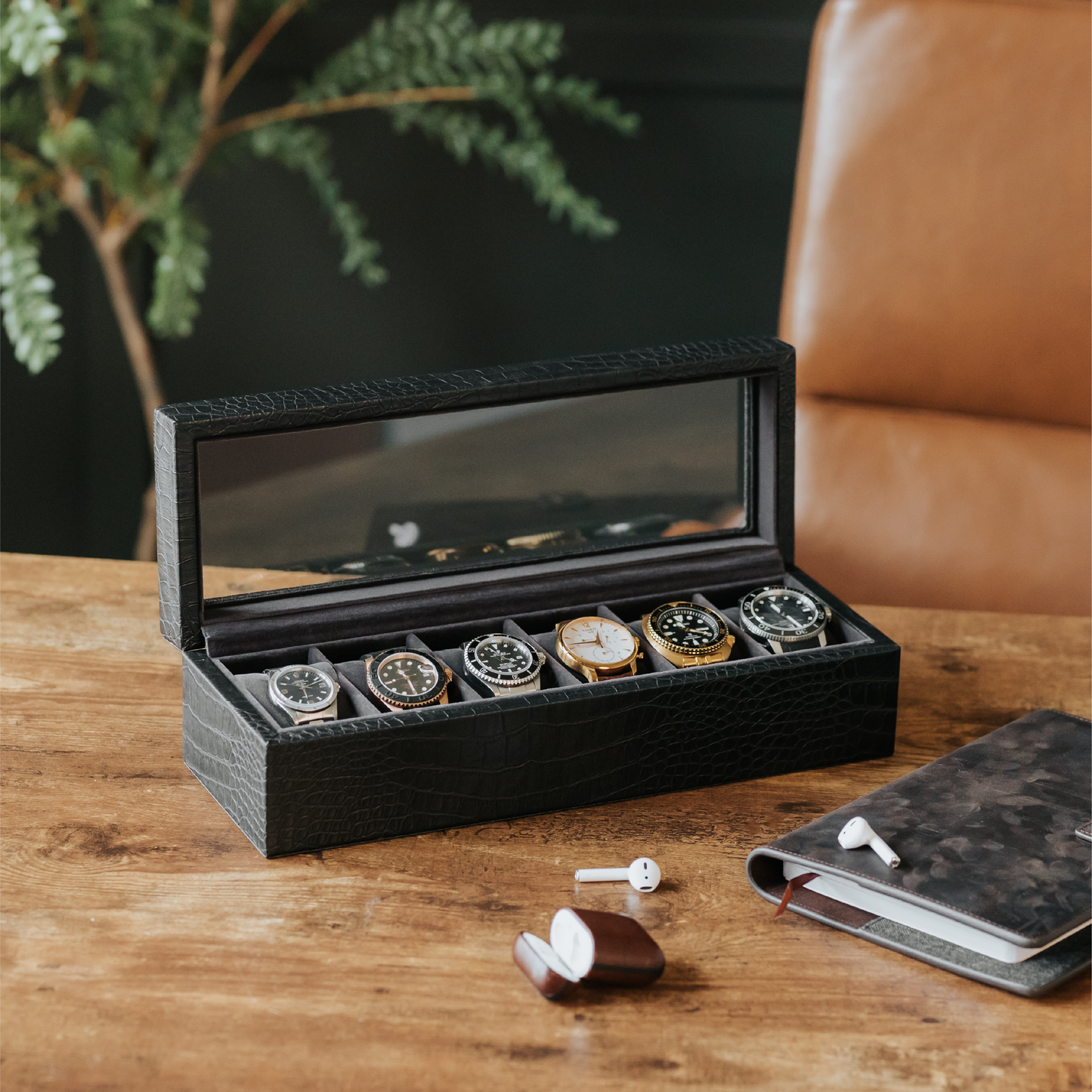 Caja de reloj de imitación de cocodrilo - 6 ranuras 