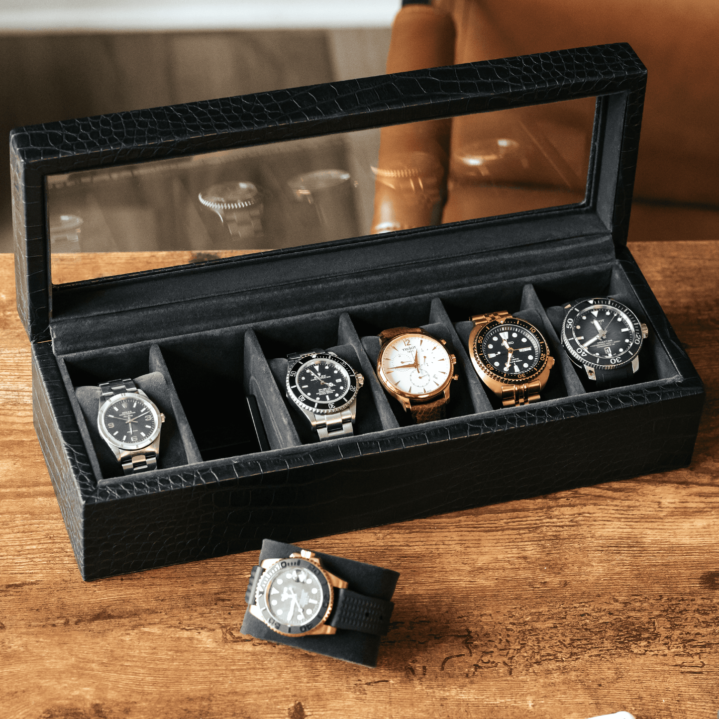 Caja de reloj de imitación de cocodrilo - 6 ranuras 