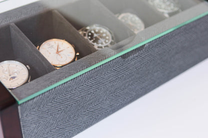 Premium Angled Glass Watch Box - 5 slot Cherry e Herringbone