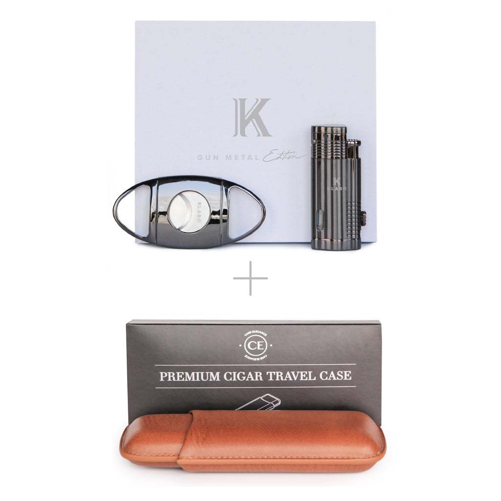 Pacchetto di accessori Premium Gunmetal - Tagliasigari, accendino a torcia, custodia da viaggio