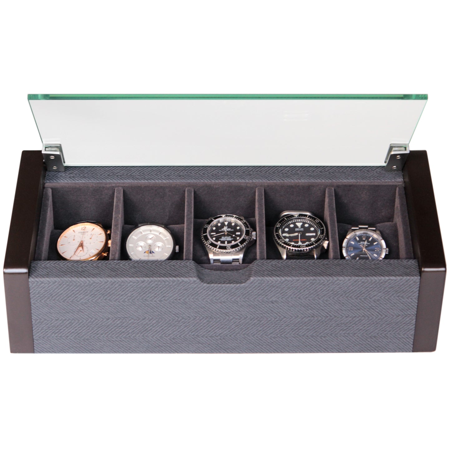 Premium Angled Glass Watch Box - 5 Slot Espresso e Herringbone