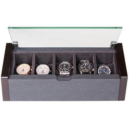 Premium Angled Glass Watch Box - 5 Slot Espresso e Herringbone