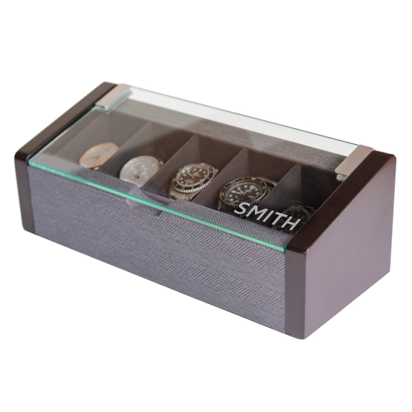 Premium Angled Glass Watch Box - 5 Slot Espresso e Herringbone