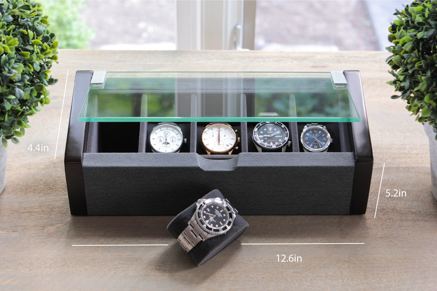Premium Angled Glass Watch Box - 5 Slot Espresso e Herringbone