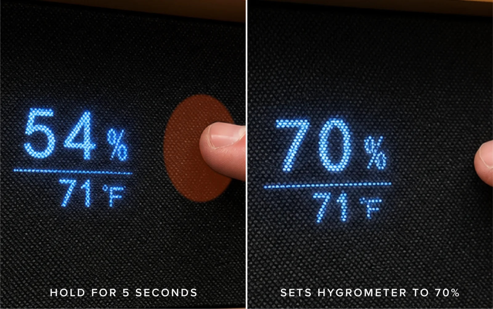 Holding the front-fabric touch point on the Luca MAX — the reading snaps from 54% up to 70%