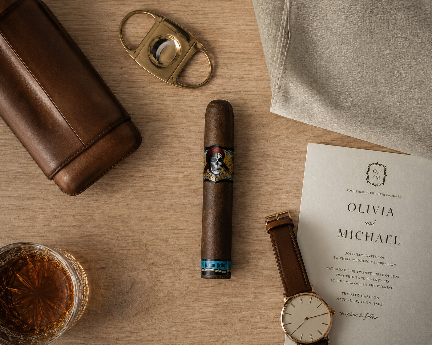 Deadwood Fat Bottom Betty Robusto cigar styled with a leather case, cutter, and wedding invitation