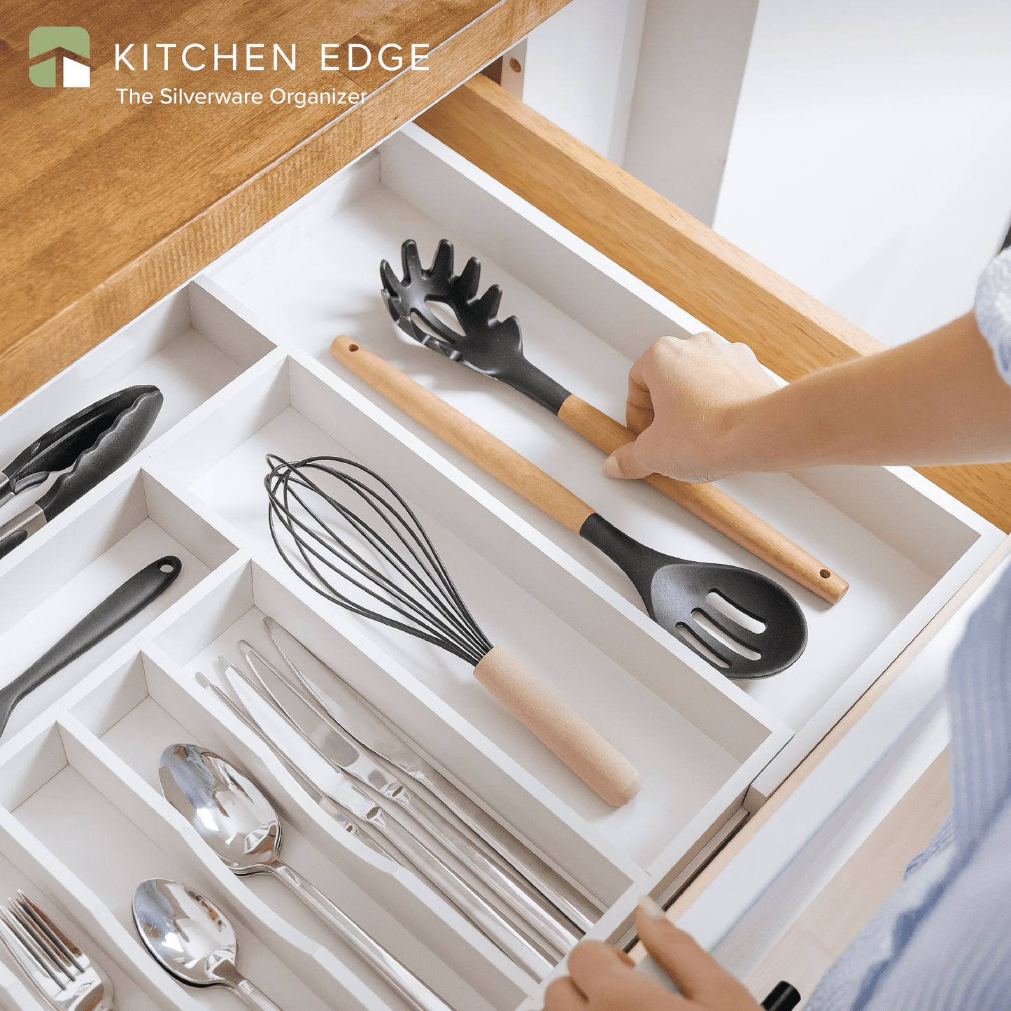 KitchenEdge Premium Silverware, Flatware and Utensil Organizer for Kitchen Drawers, Expandable 16 to 28 Inches Wide, 10 Compartments, Food-Safe Contract Grade White Finish 100% Sustainable Bamboo Wood