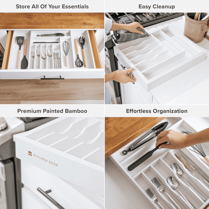 KitchenEdge Premium Silverware, Flatware and Utensil Organizer for Kitchen Drawers, Expandable 16 to 28 Inches Wide, 10 Compartments, Food-Safe Contract Grade White Finish 100% Sustainable Bamboo Wood