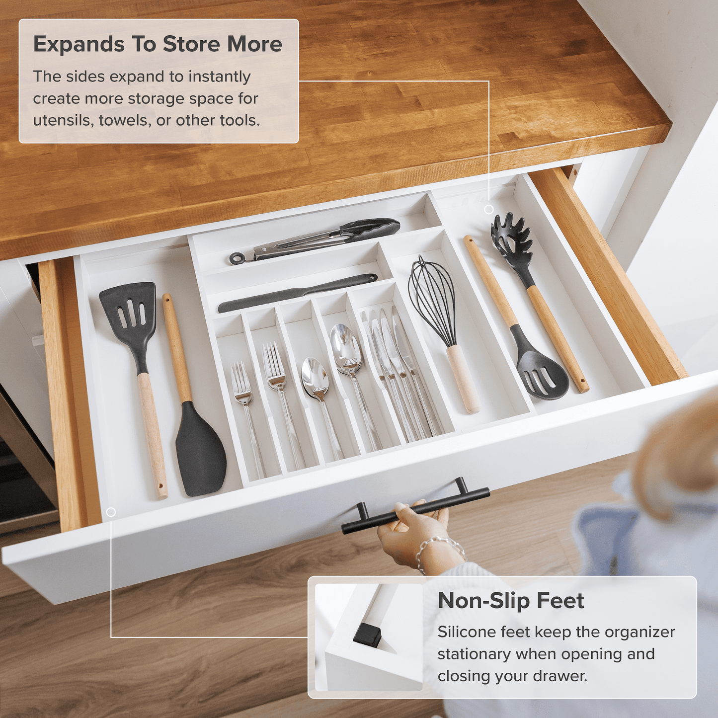 KitchenEdge Premium Silverware, Flatware and Utensil Organizer for Kitchen Drawers, Expandable 16 to 28 Inches Wide, 10 Compartments, Food-Safe Contract Grade White Finish 100% Sustainable Bamboo Wood