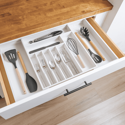 KitchenEdge Premium Silverware, Flatware and Utensil Organizer for Kitchen Drawers, Expandable 16 to 28 Inches Wide, 10 Compartments, Food-Safe Contract Grade White Finish 100% Sustainable Bamboo Wood