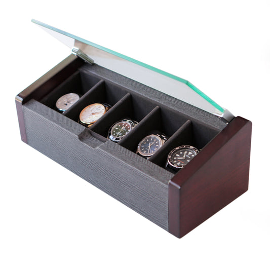 Premium Angled Glass Watch Box - 5 Slot Cherry and Herringbone