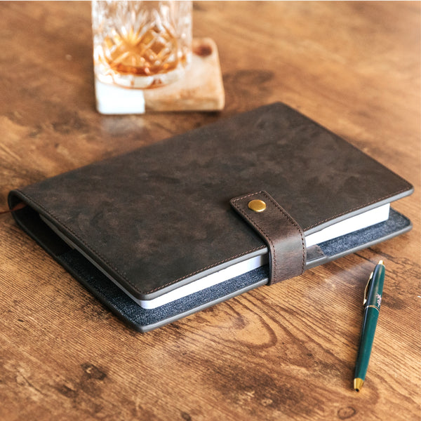 Case Elegance Full Grain Premium Leather Refillable Journal Cover with A5 Lined Notebook, Pen Loop, Card Slots, Brass Snap