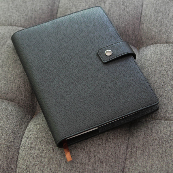Case Elegance Full Grain Premium Leather Refillable Journal Cover with A5 Lined Notebook, Pen Loop, Card Slots, Brass Snap
