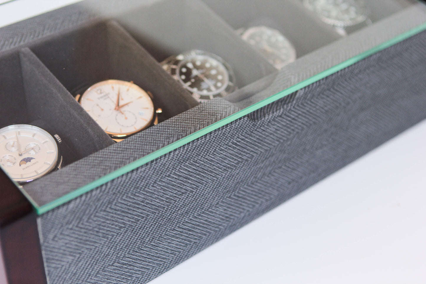 Premium Angled Glass Watch Box - 5 Slot Cherry and Herringbone