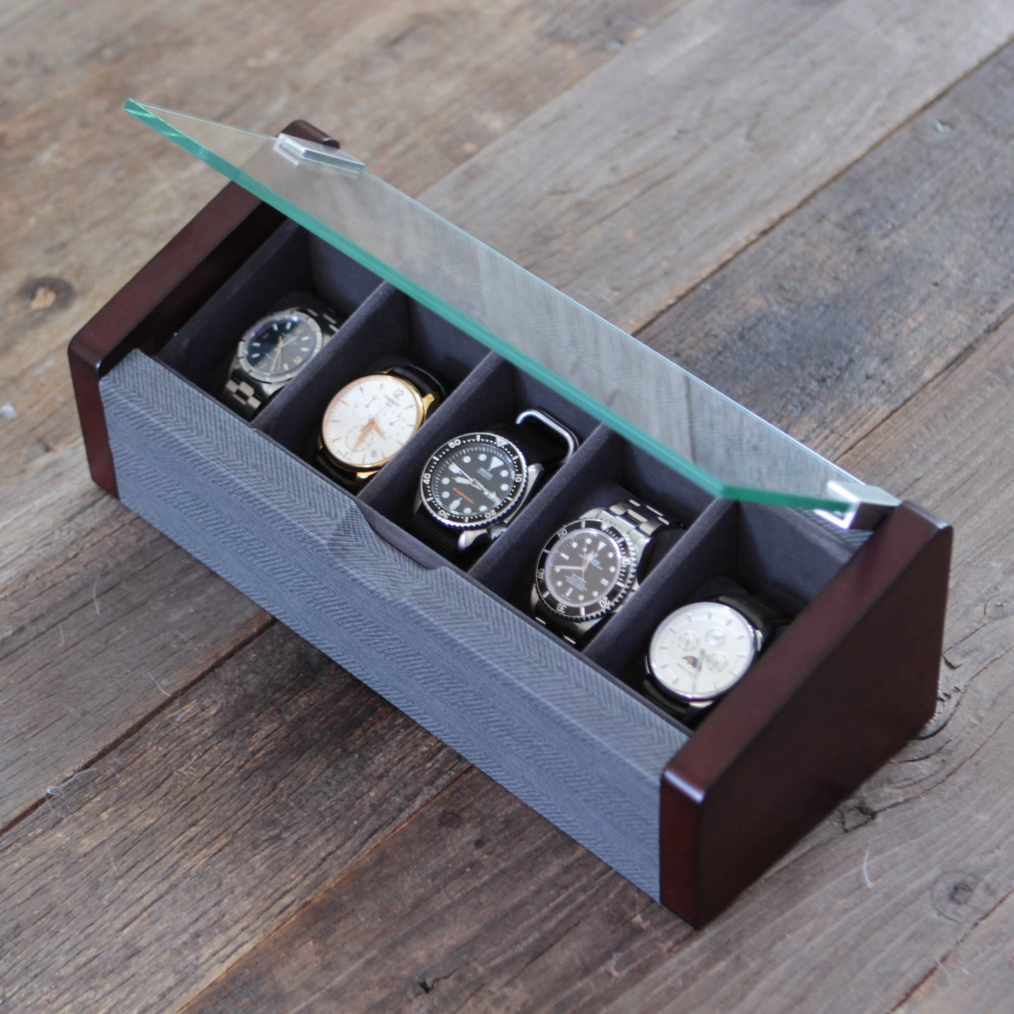 Premium Angled Glass Watch Box - 5 Slot Cherry and Herringbone