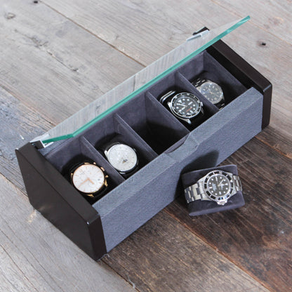 Premium Angled Glass Watch Box - 5 Slot Espresso and Herringbone