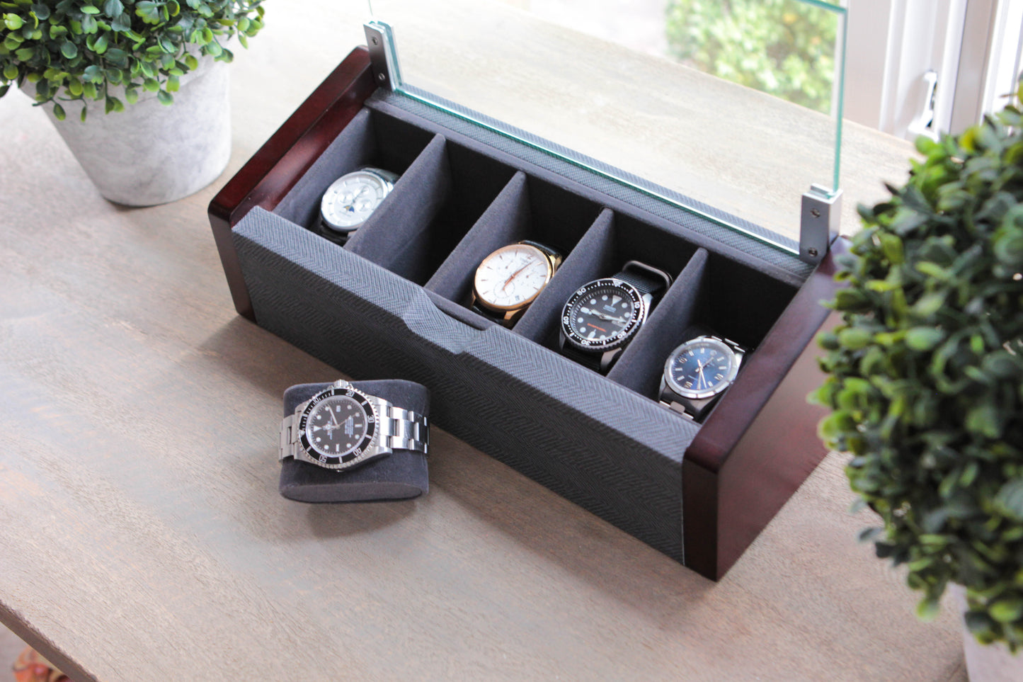 Premium Angled Glass Watch Box - 5 Slot Cherry and Herringbone