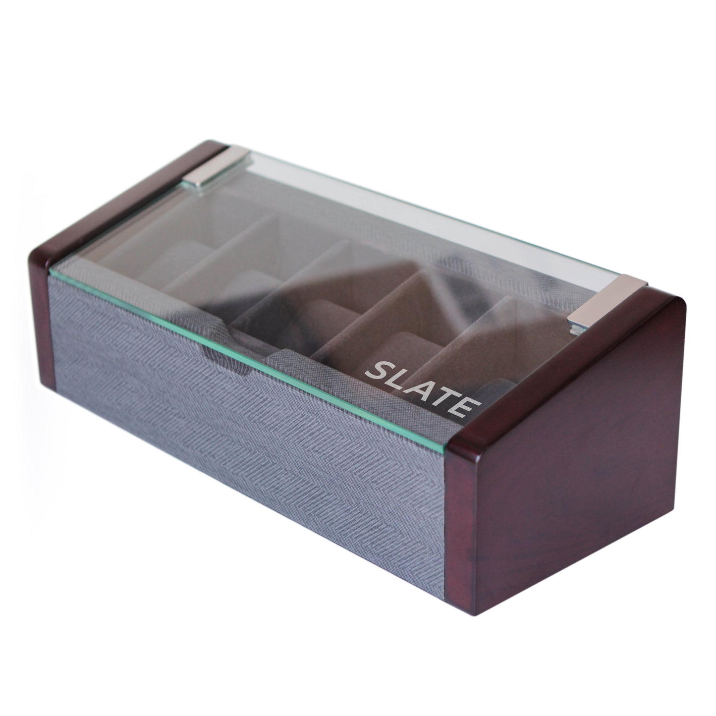 Premium Angled Glass Watch Box - 5 Slot Cherry and Herringbone