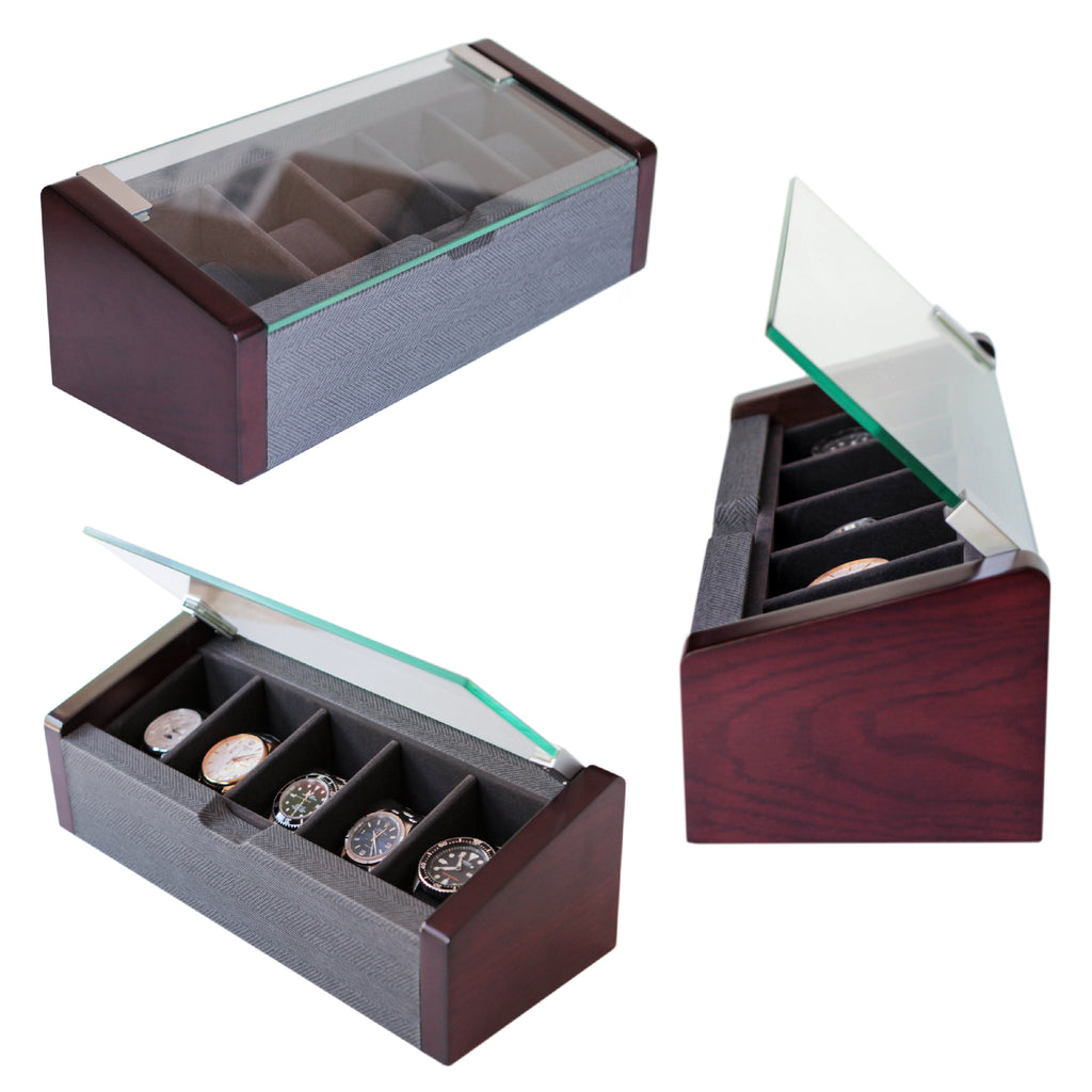 Premium Angled Glass Watch Box - 5 Slot Cherry and Herringbone – Case ...