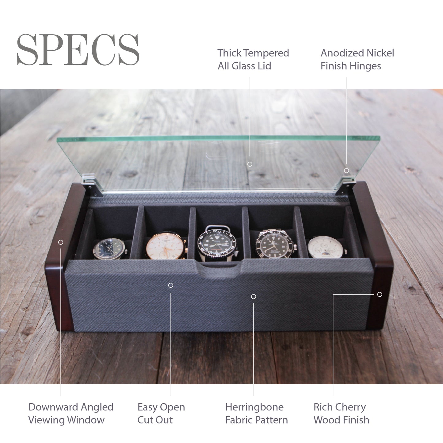 Premium Angled Glass Watch Box - 5 Slot Cherry and Herringbone