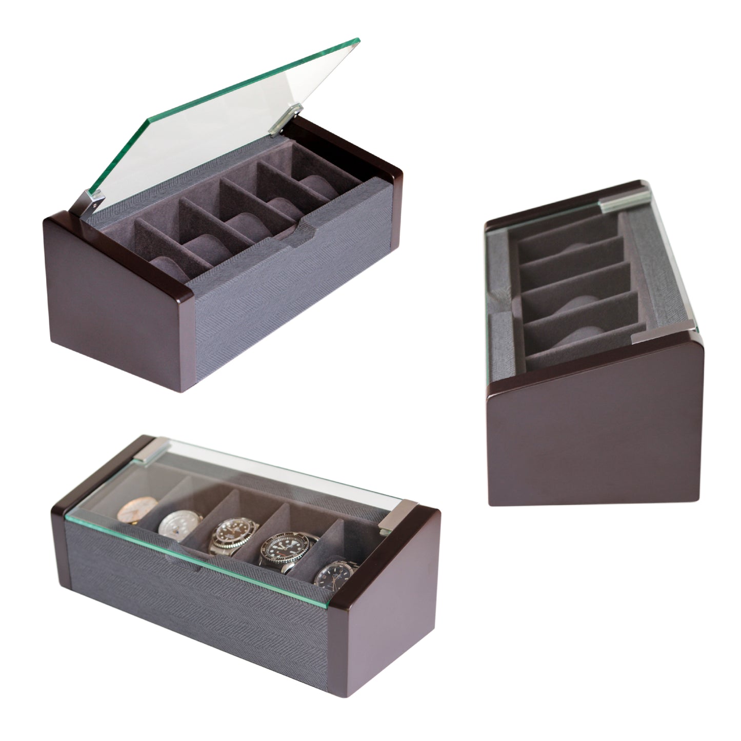 Premium Angled Glass Watch Box - 5 Slot Espresso and Herringbone