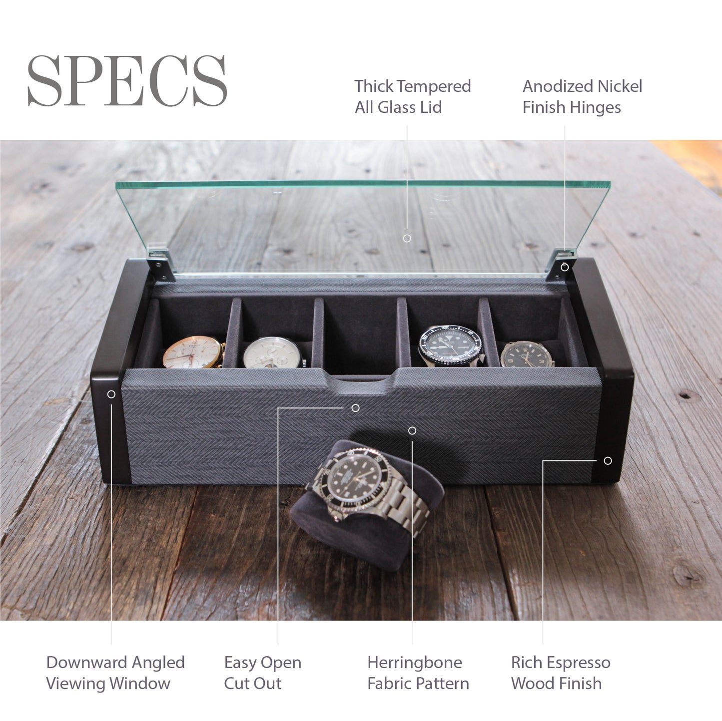 Premium Angled Glass Watch Box - 5 Slot Espresso and Herringbone