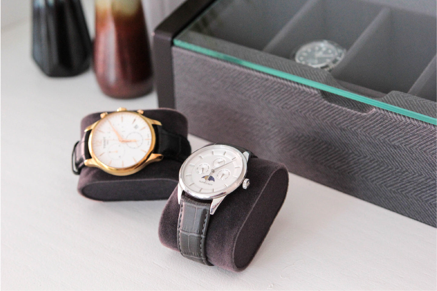 Premium Angled Glass Watch Box - 5 Slot Espresso and Herringbone