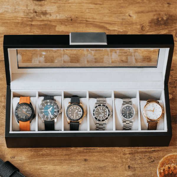 Modern 6-Slot Wooden Watch Box with Metal Clip and Real Glass Black