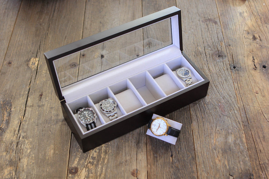 Modern 6-Slot Wooden Watch Box with Metal Clip and Real Glass Black